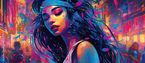 dazzling neon-lit background of the bustling party, a woman with her long, blue-painted hair, adorned in a fashion-forward ensemble, captures everyones attention with her beauty. Her captivating face