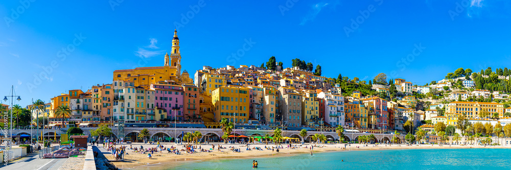 View of Menton, a town on the French Riviera in southeast France known for beaches and the Serre de la Madone garden