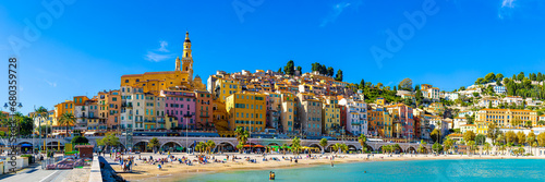 View of Menton, a town on the French Riviera in southeast France known for beaches and the Serre de la Madone garden