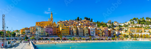 View of Menton, a town on the French Riviera in southeast France known for beaches and the Serre de la Madone garden