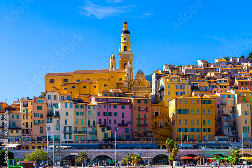 Fototapeta Naklejka Na Ścianę i Meble -  View of Menton, a town on the French Riviera in southeast France known for beaches and the Serre de la Madone garden