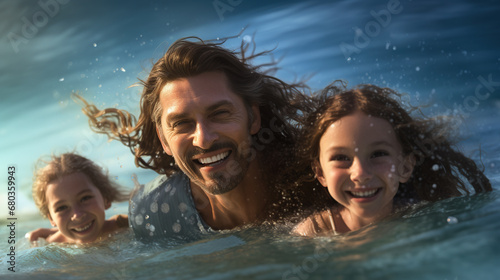 Happy family in the sea. Father and daughter swim in the sea © Boraryn