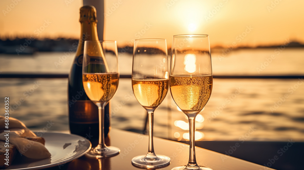 Luxury evening party on cruise yacht with champagne setting. Champagne glasses and bottle with champagne with bokeh yacht on background, nobody