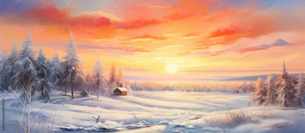 As the sun sets, painting the sky in hues of blue and orange, the traveler gazes in awe at the breathtaking winter landscape adorned with snow-covered trees, creating a mesmerizing blend of white and