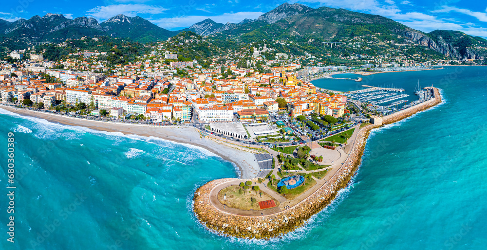 View of Menton, a town on the French Riviera in southeast France known for beaches and the Serre de la Madone garden - obrazy, fototapety, plakaty 