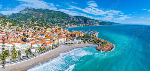 Fototapeta View of Menton, a town on the French Riviera in southeast France known for beaches and the Serre de la Madone garden