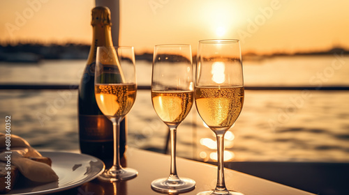 Luxury evening party on cruise yacht with champagne setting. Champagne glasses and bottle with champagne with bokeh yacht on background, nobody
