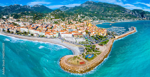 View of Menton, a town on the French Riviera in southeast France known for beaches and the Serre de la Madone garden photo