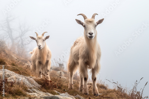 goats on a foggy mountain field. Bright image. 