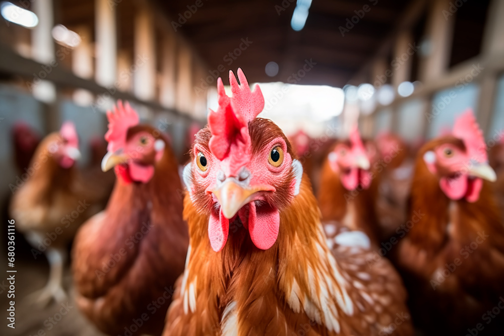 Hen in the stable on a bustling hens farm, showcasing the vibrancy of rural agriculture and poultry farming. Bright image. 