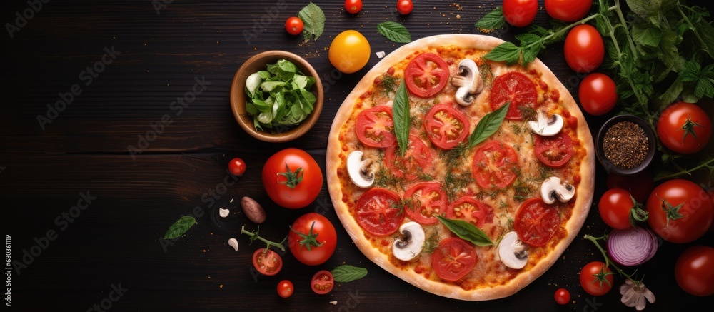 At the restaurant, a colorful top view of the table presented a delightful circle of nourishing food: a cheesy pizza topped with tomato and vegetables, providing a healthy and nutritious meal. At the restaurant, a colorful top view of the table presented a delightful circle of nourishing food: a cheesy pizza topped with tomato and vegetables, providing a healthy and nutritious meal.