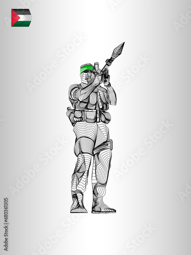 The Line art of A Palestinian Hamas soldier shoots with an RPG in a patriotic poster background.