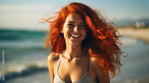 Blissful happy red hair woman on a beach vacation smiling