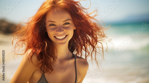 Blissful happy red hair woman on a beach vacation smiling © LaxmiOwl