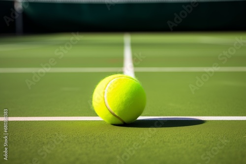 Tennis ball in tennis court on green, Background Sports advertising with empty space. © Rattanachai