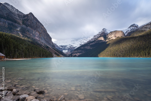 Turquoise color water of the Lake Louise in Alberta  Canada  Banff National Park