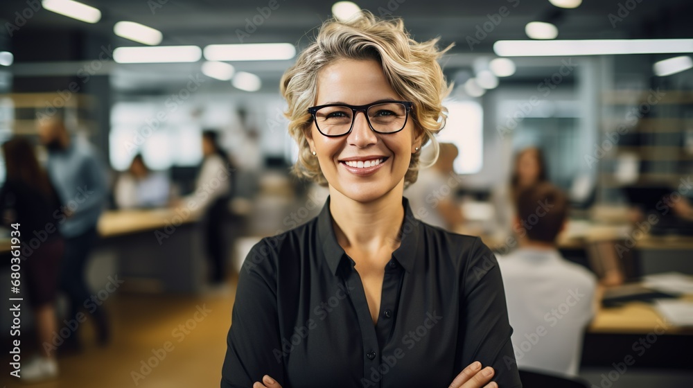 Portrait of a European forty year old happy female manager in office background - obrazy, fototapety, plakaty 