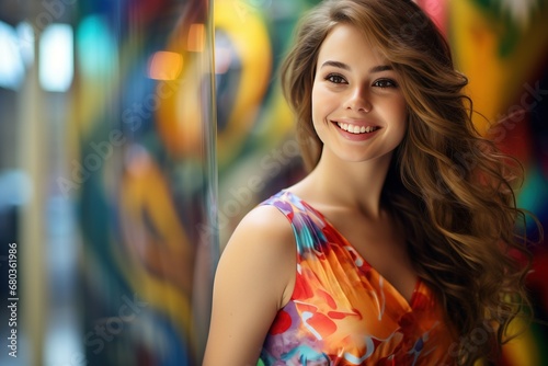 Smiling in colorful dress beutiful woman photo