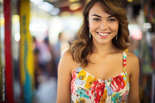 Smiling in colorful dress beutiful woman photo