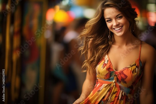 Smiling in colorful dress beutiful woman