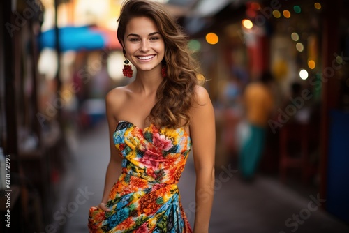 Smiling in colorful dress beutiful woman