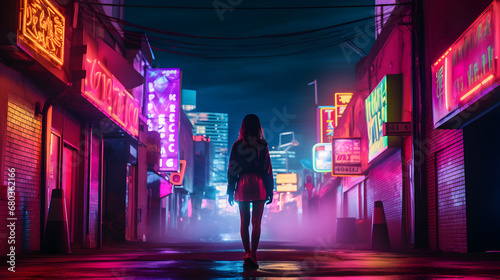 A woman walk to a neon-lit city street at night, with a moody, cinematic vibe and vibrant colors that pop against the dark background.