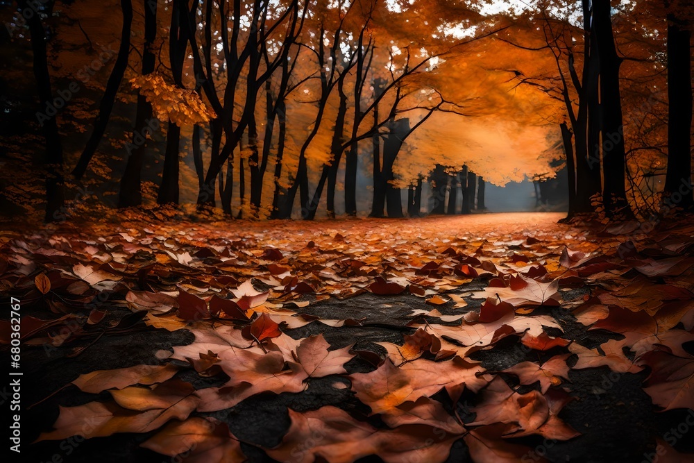 Twilight's soft glow on fallen black autumn leaves, a serene and captivating sight.