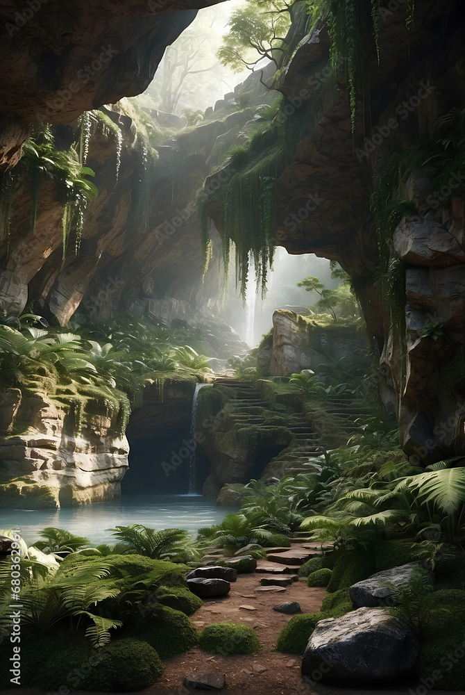 Fototapeta premium A beautiful rock cave with moss and plants.