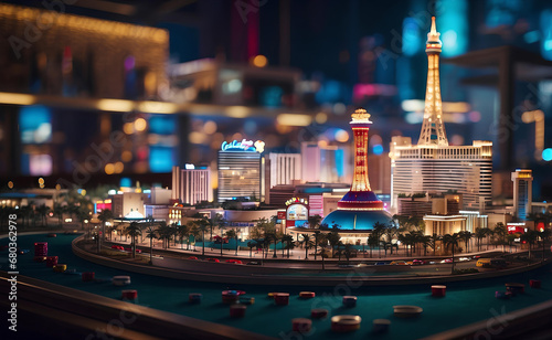 A miniature model of Las Vegas city at nighttime.