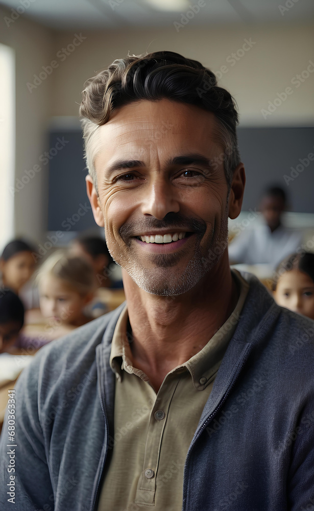 Smiling male teacher in a class with learning students on background.