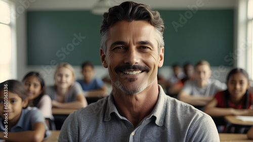 Smiling male teacher in a class with learning students on background.