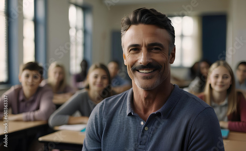 Smiling male teacher in a class with learning students on background.