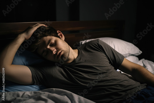 Unhappy young man suffering from headache while lying in bed at home