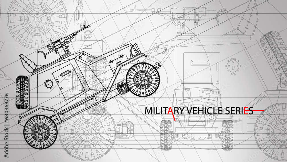 Line art sketch wallpaper of military vehicle series. Drafting art. Lines Drawing against white background. Armed Humvee model.