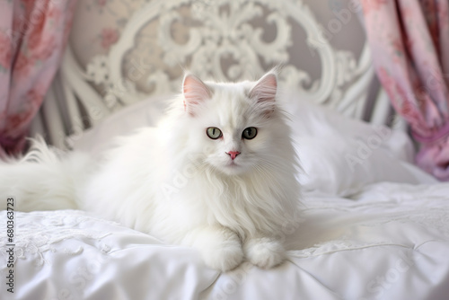 White fluffy cat lying on the bed and looking at the camera