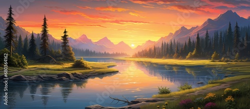 In the breathtaking summer landscape, the sky transforms into hues of pink and orange as the golden sun sets, casting a beautiful glow over the lush green forest, energizing both the towering
