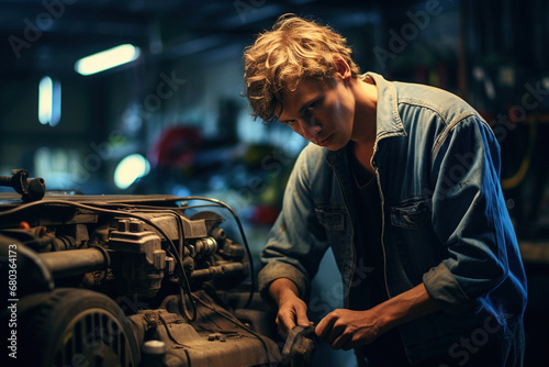 young man repairing a car in a car repair shop