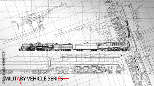 Line art sketch wallpaper of military vehicle series. Drafting art. Lines Drawing against white background. War Train model.