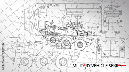 Line art sketch wallpaper of military vehicle series. Drafting art. Lines Drawing against white background. Armored Panzer model. photo