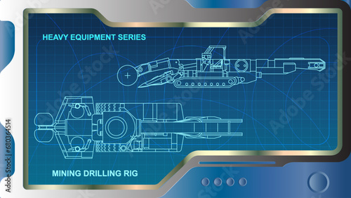 The wallpaper of A futuristic dashboard and screen with heavy equipment hologram interface technology. Underground Drilling Rig model.