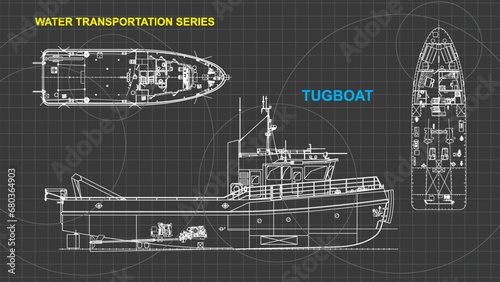 Line art sketch wallpaper of water transportation series. Drafting art. Grid lines drawing against dark background.