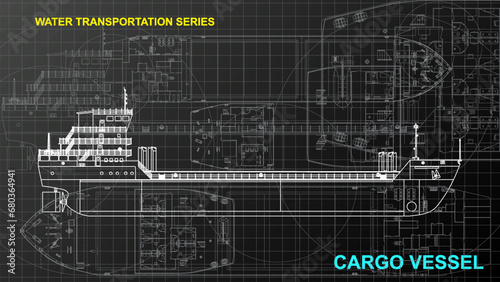 Line art sketch wallpaper of water transportation series. Drafting art. Grid lines drawing against dark background.