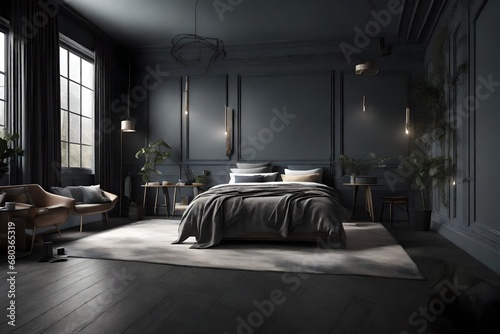 A 3D room drenched in DARK SLATE CARBON GRAY and PASTEL GRAY, illuminated by an HD camera that highlights the textures and details. © NUSRAT ART