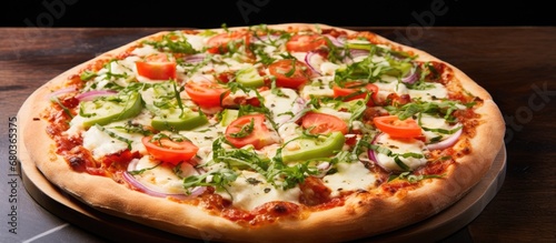 In an isolated white background, a delicious pizza from an Italian restaurant is showcased. Its white crust is topped with green vegetables, red tomatoes, melted cheese, and smoky BBQ flavors. This