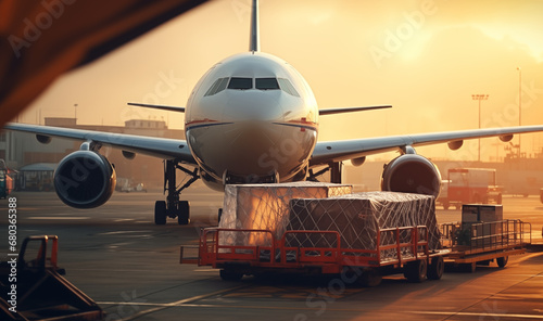Cargo plane at the airport, loading and unloading cargo for international shipment and logistics photo