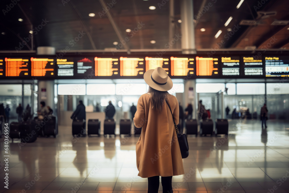 A young stylish woman in a coat and hat at the international airport looks at the flight information board, a view from the back. 