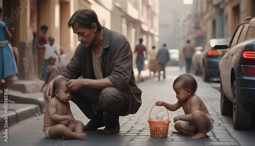 rich man helping to poor babies at street