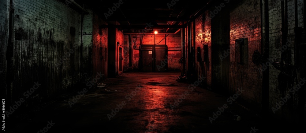 In the eerie blackness of the grungy factory interior, a tall, imposing door stood as a gateway into a night filled with Halloween fantasy. Tension and anxiety hung in the air, laced with the feeling - obrazy, fototapety, plakaty 