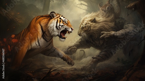 lion vs angry tiger background wallpaper ai generated
