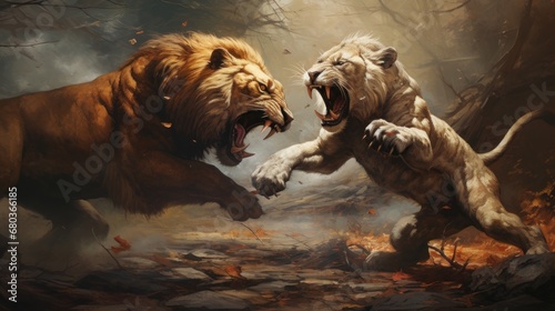 lion vs angry tiger background wallpaper ai generated image photo